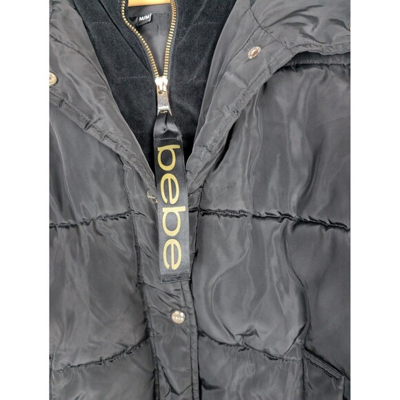bebe Jacket Womens Medium Black Puffer Hooded Quilted Snap Zip Logo Patch Coat - Picture 4 of 11